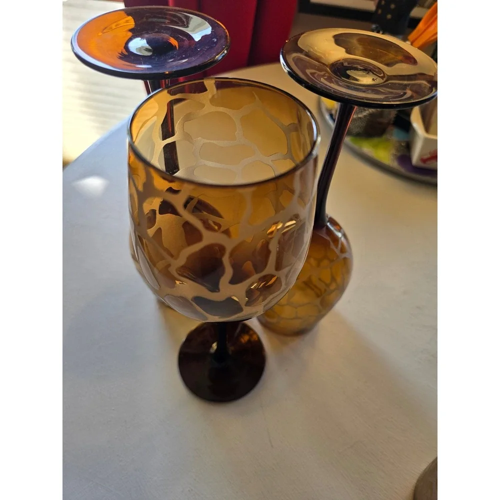 Set of 3 Amber Giraffe Print Etched Wine Glasses Brown Stem Safari‎ Barware